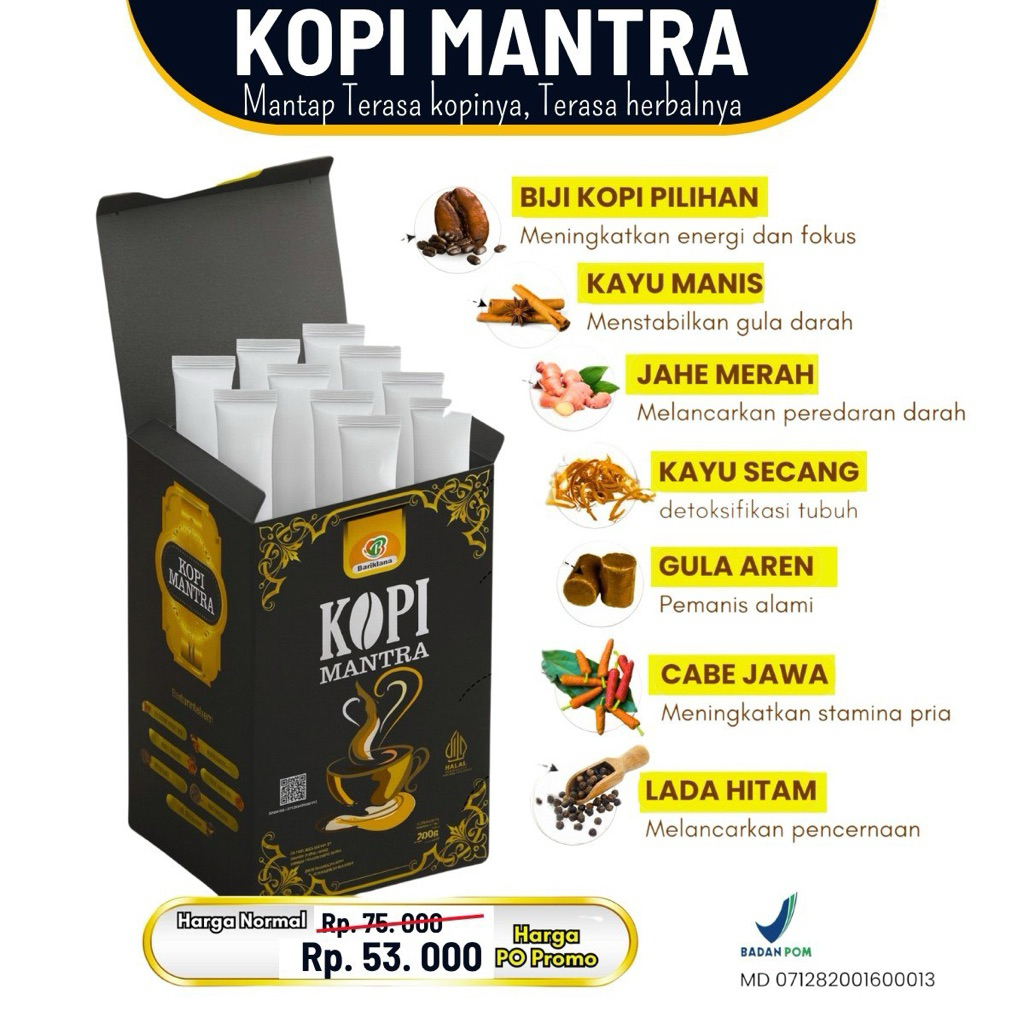 

Kopi Mantra – Kopi Herbal Rempah untuk Pria & Wanita | Aman untuk Lambung | 10 Sct | BPOM Halal
