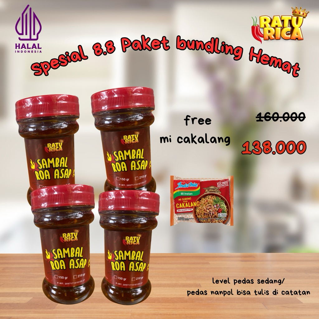 

ratu rica spesial 8.8 paket bundling hemat 4 sambal roa kemasan 150 gr