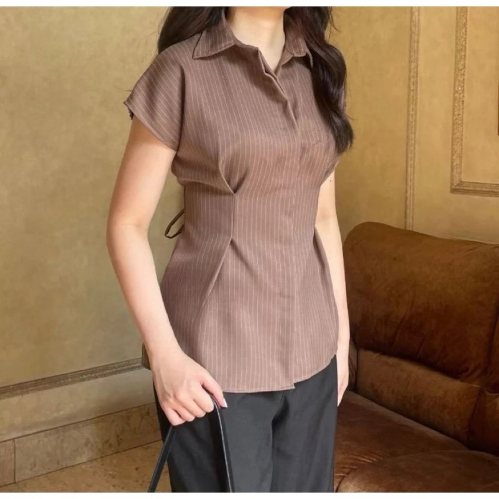 ARBA TOP / Kemeja Fitted Kemeja Kerja Wanita Blus Garis-Garis Lengan Pendek