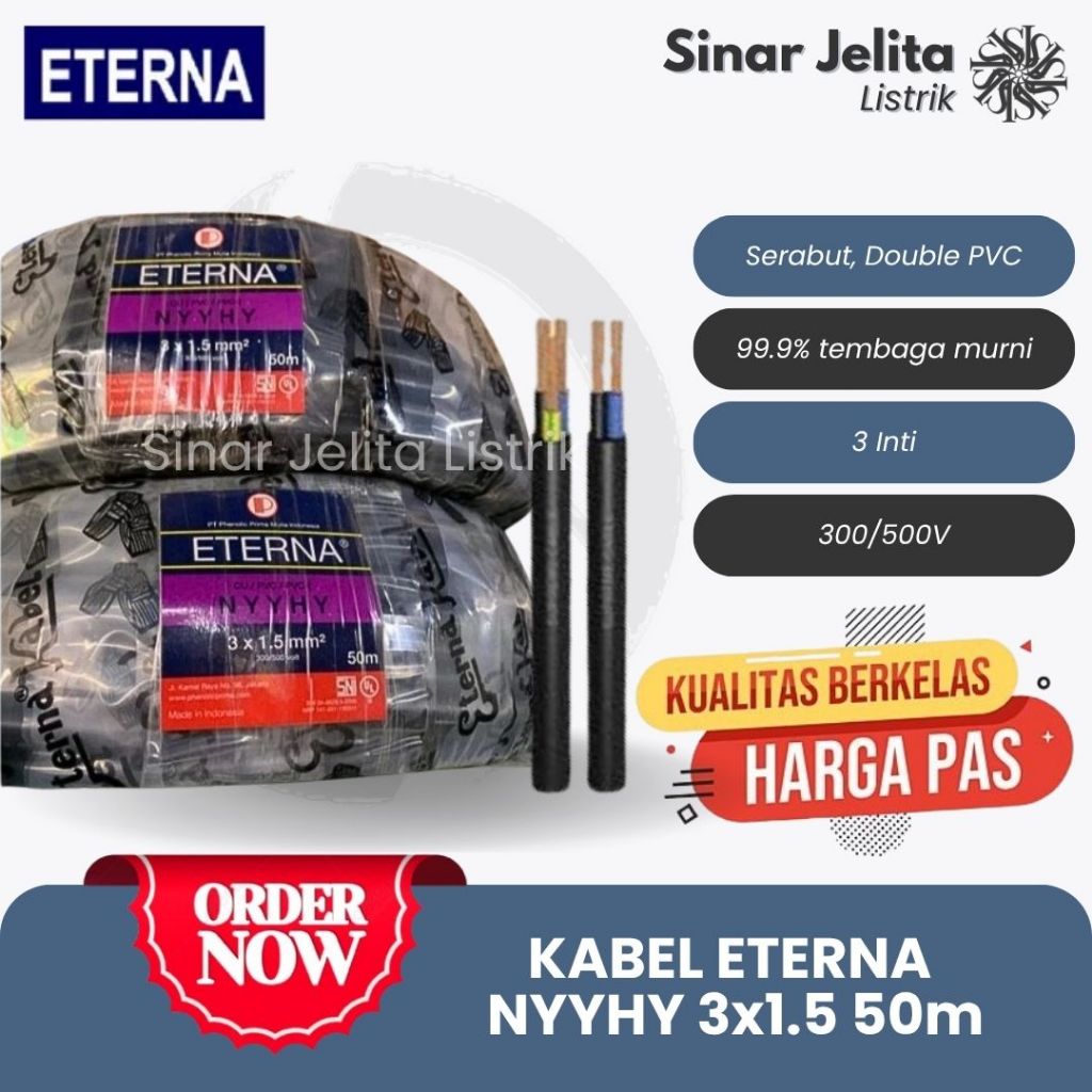 Kabel ETERNA NYYHY 3x1.5mm ROLL 50 METER | Kabel NYYHY 3x1,5 | Kabel Listrik Serabut Hitam