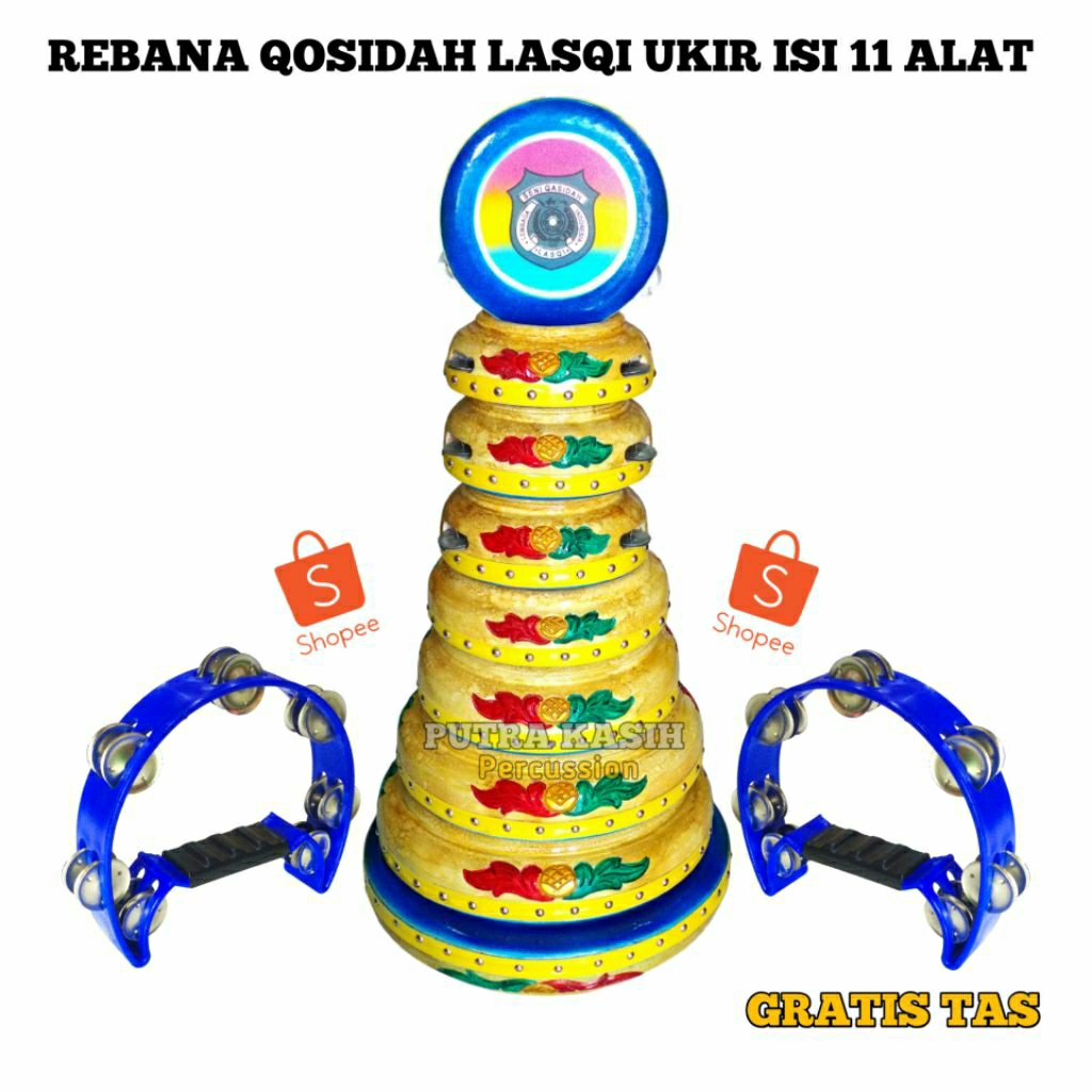 Renana qosidah 1 set ukir|Rebana qosidah lasqi ukir|Rebana qosidah lasqi ukir isi 11 alat