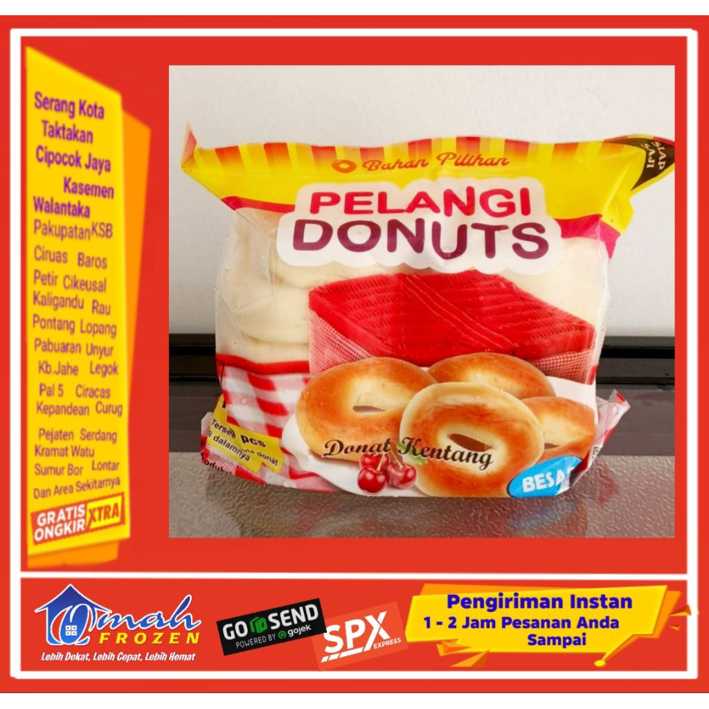 

Donat Kentang Pelangi Besar, 10pcs,Donat Beku + gula halus, Frozen Serang