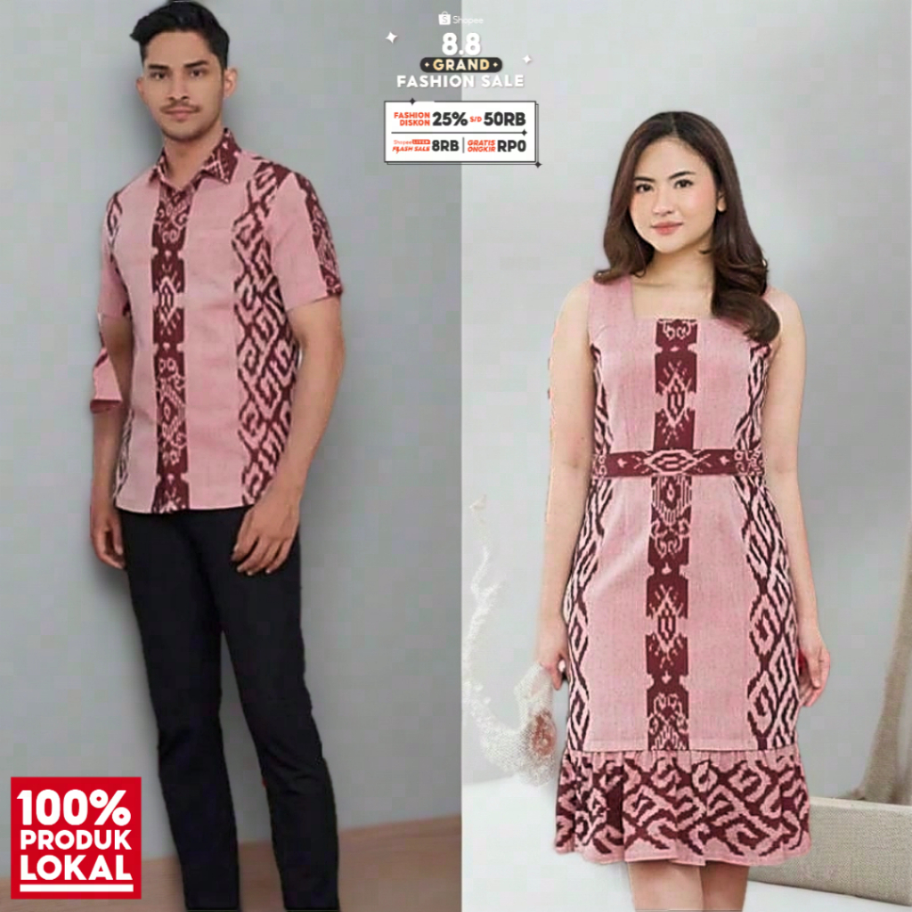 COUPLE TENUN PRIA WANITA BAJU PASANGAN KEMEJA LENGAN PENDEK & DRESS BATIK TENUN MODERN PESTA KONDANG