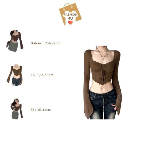 4U Baju Atasan Sexy Square Neck Asymetric Long Sleeve Crop Top Korea Lengan Panjang BJ1555