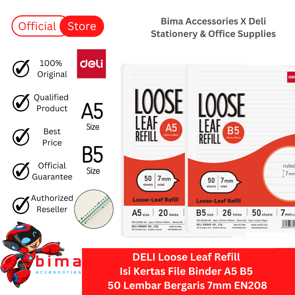 

DELI Isi Kertas Binder A5 B5 Loose Leaf Paper Refill 50 Lembar Bergaris 7mm EN208