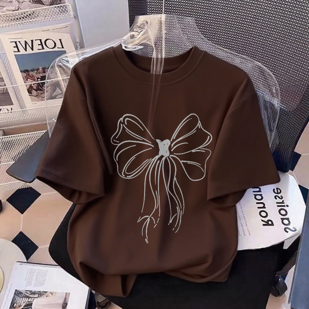 XZHAINV Kaos lengan pendek cetak busur wanita Korea/pakaian wanita gaya modern/atasan coklat modis d