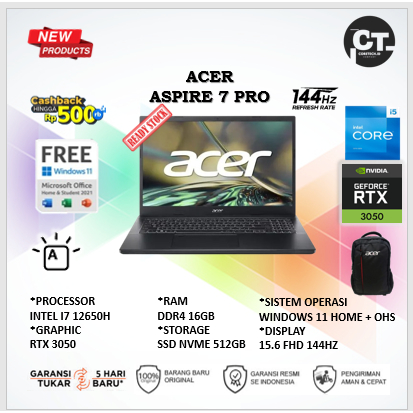 ACER ASPIRE 7 PRO A715 I7 12650H RTX3050 6GB/ 16GB 512GB GARANSI RESMI