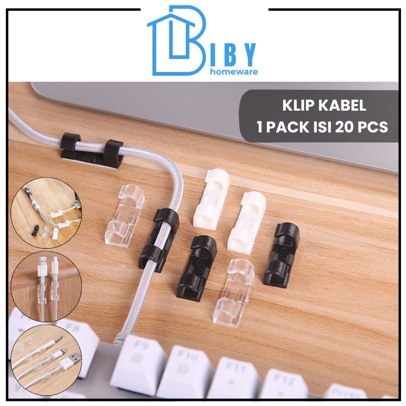 BIBY Klip Kabel Organizer Cable Clip 1 pack isi 20 pcs Tempel Dinding Meja Kursi Kayu Penjepit Pengi