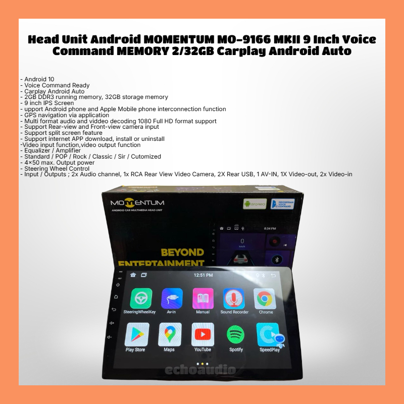Head Unit Android MOMENTUM MO-9166 MKII 9 Inch Voice Command MEMORY 2/32GB Carplay Android Auto