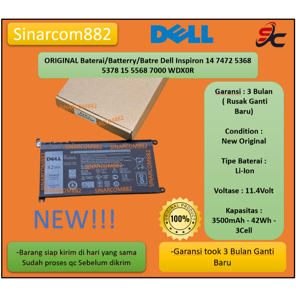 ORIGINAL Baterai/Batterry/Batre Dell Inspiron 14 7472 5368 5378 15 5568 7000 WDX0R