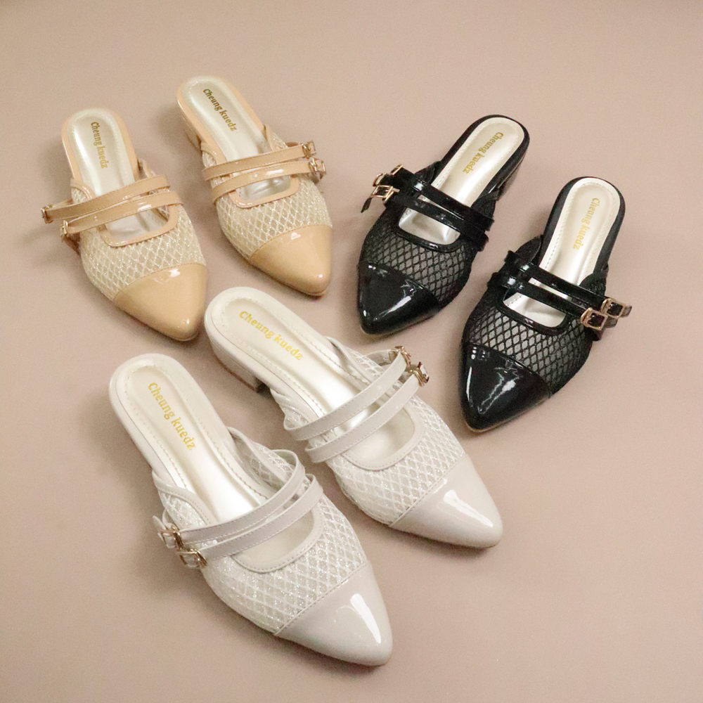 Cheung Kuedz Kizza Sandal Bustong Slop Flat Wanita bahan Brokat
