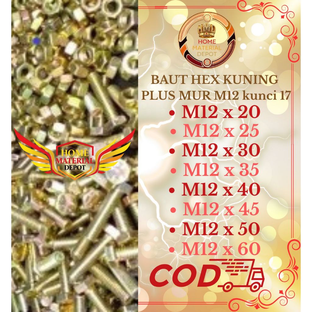 Baut Mur M12 Kuning Kunci 17 - Pitch 1.25 | Baut Hexagonal Kuning | Mur M12 | Ring Plat M12 | 1set