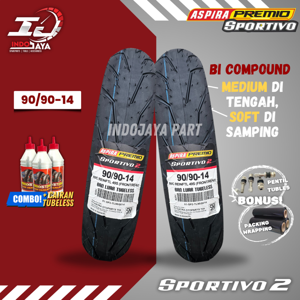 [PRODUK TERBARU] BAN LUAR ASPIRA PREMIO SPORTIVO 2 (90/90-14) BAN LUAR TUBELESS PREMIO / DEPAN BELAK