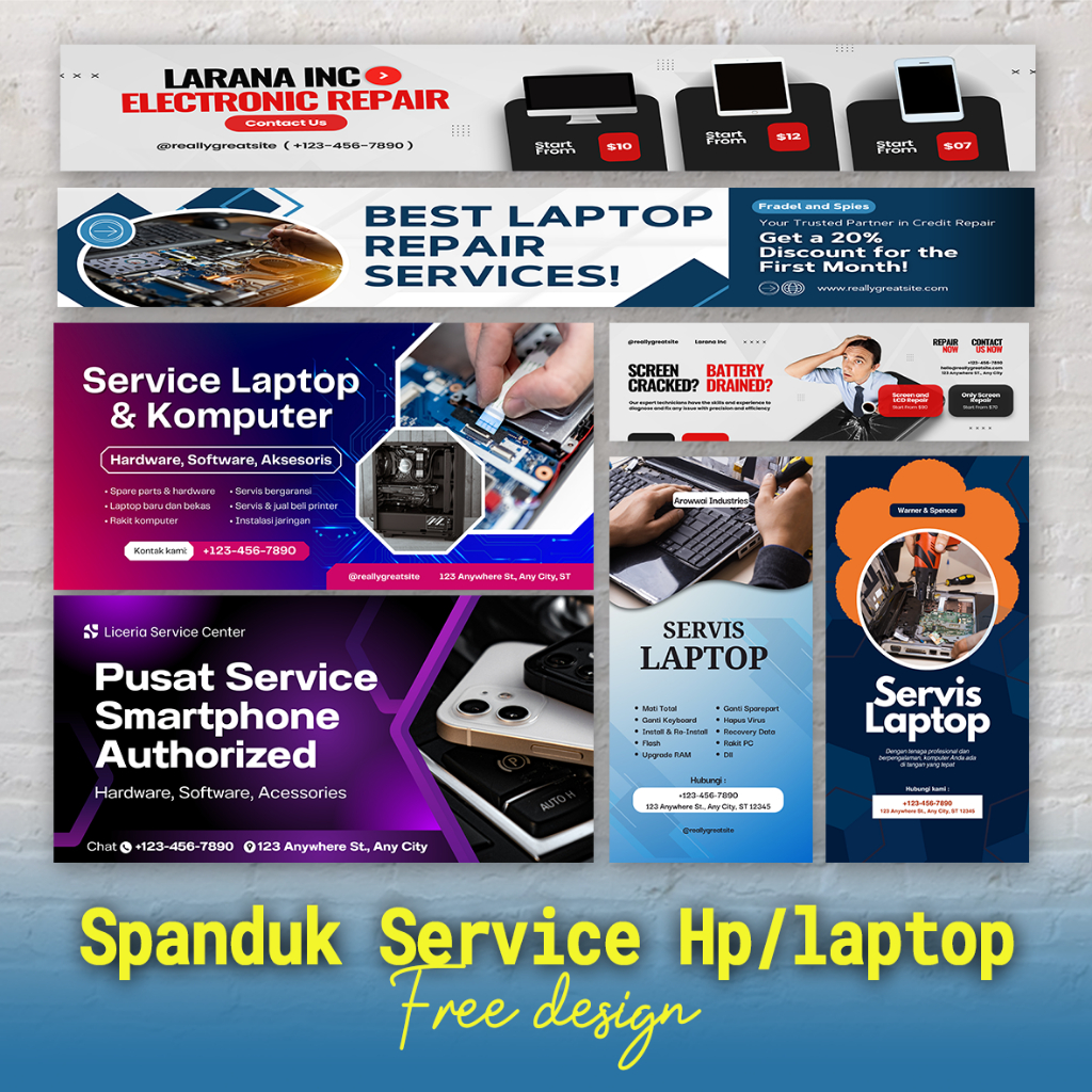 Spanduk Servis Laptop/HP, Spanduk Perbaikan Laptiop/HP, Spanduk Service Gadget, Spanduk Free Design 