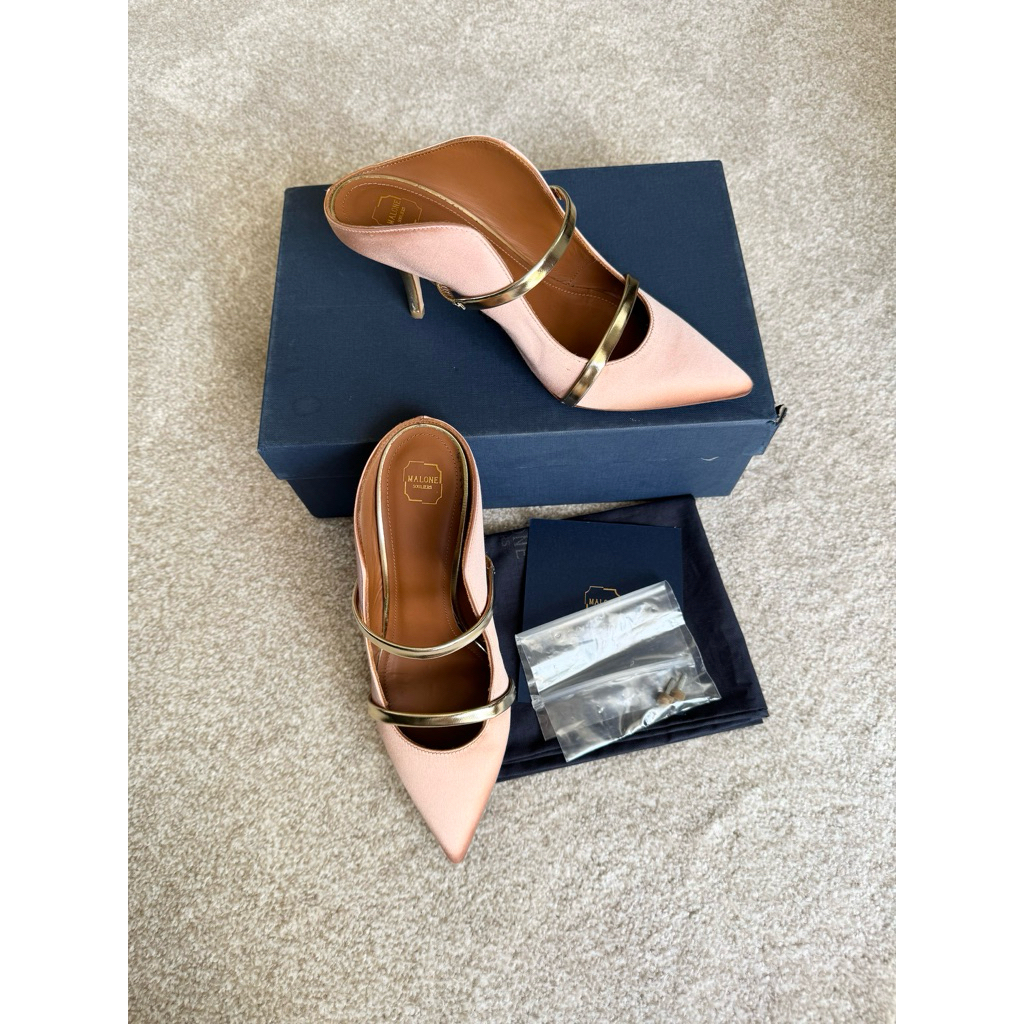 PRELOVED Very Good Condition Malone Souliers Maureen Blush/Gold Size 36.5 Satin Mules Heels 7cm