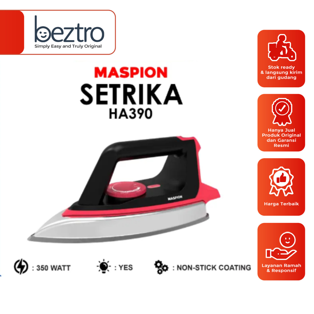 Maspion Dry Iron HA390 – Setrika Listrik 350 Watt Non Stick Coating Sole Plate Iron Low Watt HA-390