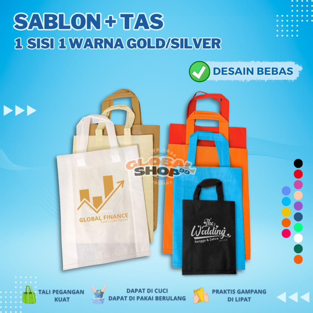 

CUSTOM SABLON PLUS TAS Goodie Bag HANDLE 1 SISI 1 WARNA TINTA GOLD / SILVER 25X35 30X40 38X45 Kantong Tas Belanja Spunbond