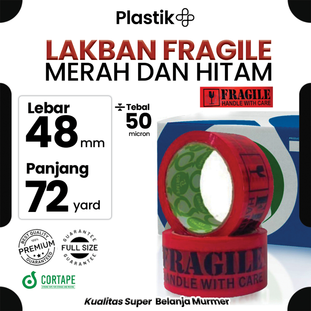 

Lakban / Selotip / OPP Tape Printing Fragile Hitam Merah Rusfet 2inch 48mm x 72yard Harga Satuan