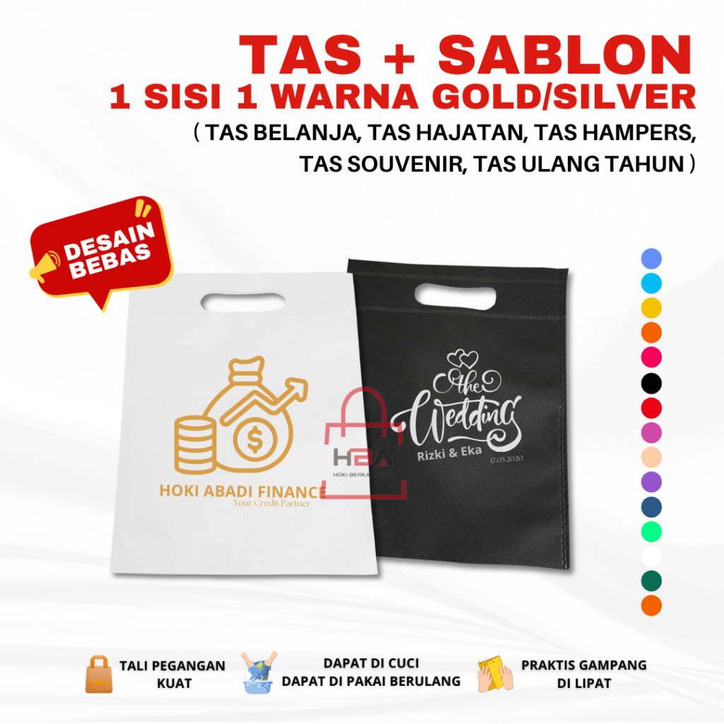 

CUSTOM SABLON PLUS TAS Goodie Bag OVAL 1 SISI 1 WARNA TINTA GOLD / SILVER 20X26 25X35 30X40 Kantong Tas Belanja Spunbond