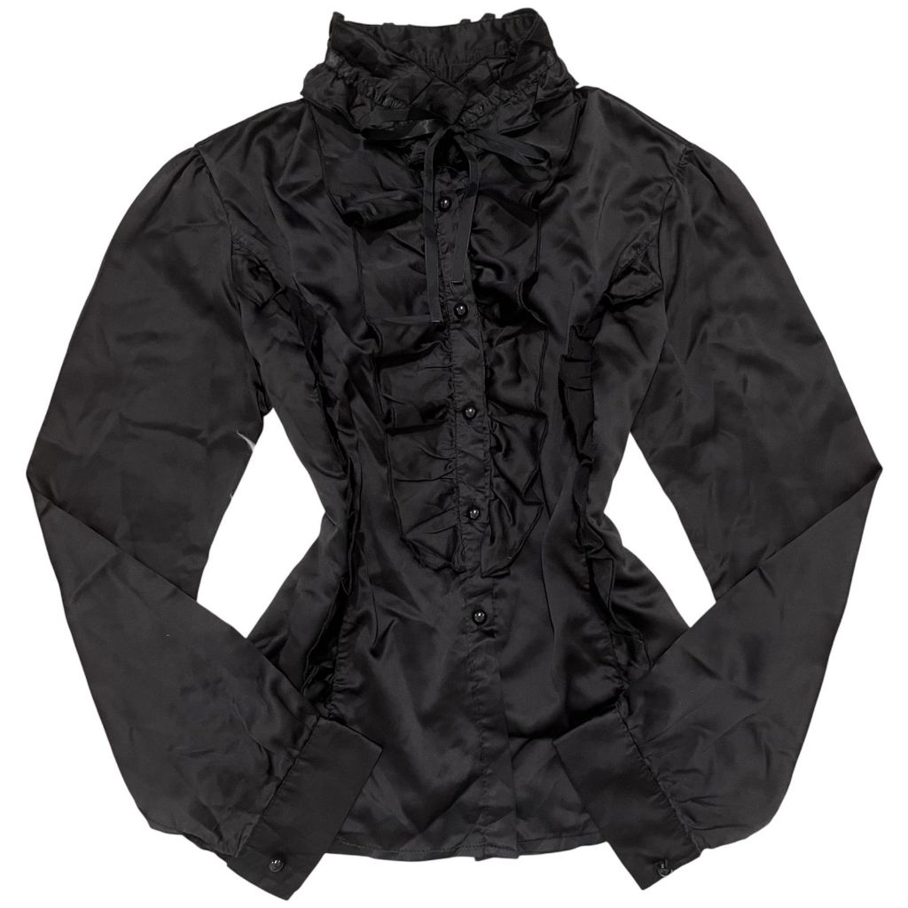 Silky Neck Ribbon Buttoned Up Ruffle Puffy Longsleeve Victorian Top | satin lengan balon sopan forma