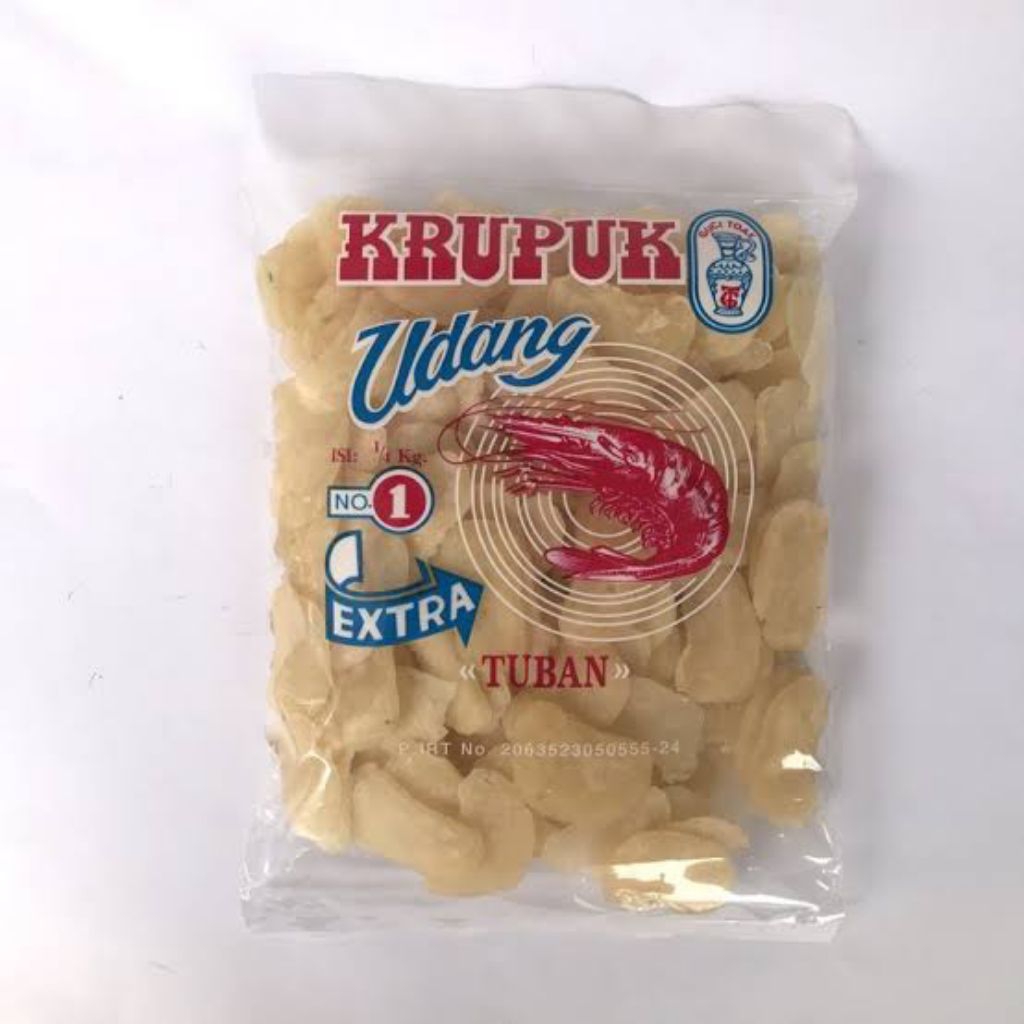 

Kerupuk Udang cap Guci Toak kemasan 250gr irisan kecil