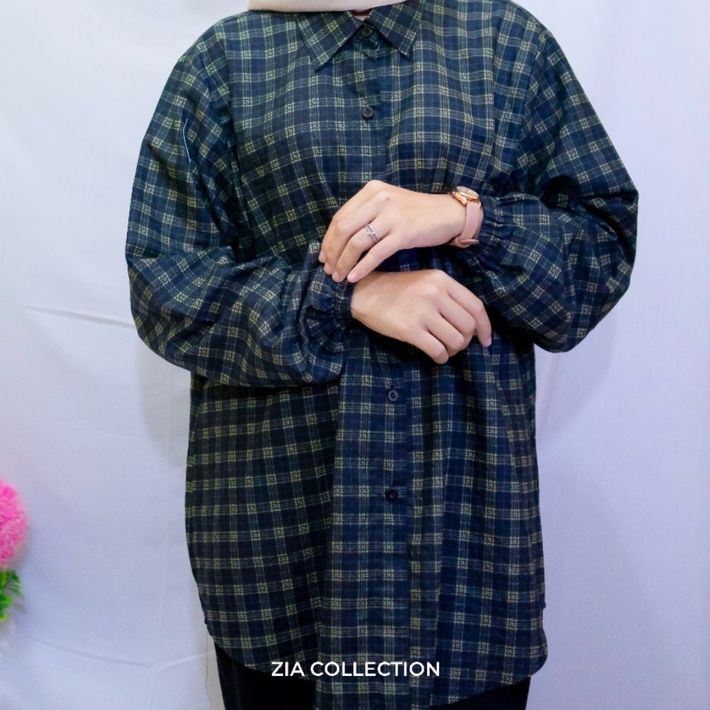 Kemeja Wanita muslimah & Blouse kotak - kotak Kemeja Oversize Lengan Balon Elegan Hijab Style