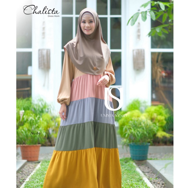 UMMA SYARI - Chalista dress Mom bahan Lovera Crepe karakteristik bahan streachy,berteksture salur, A