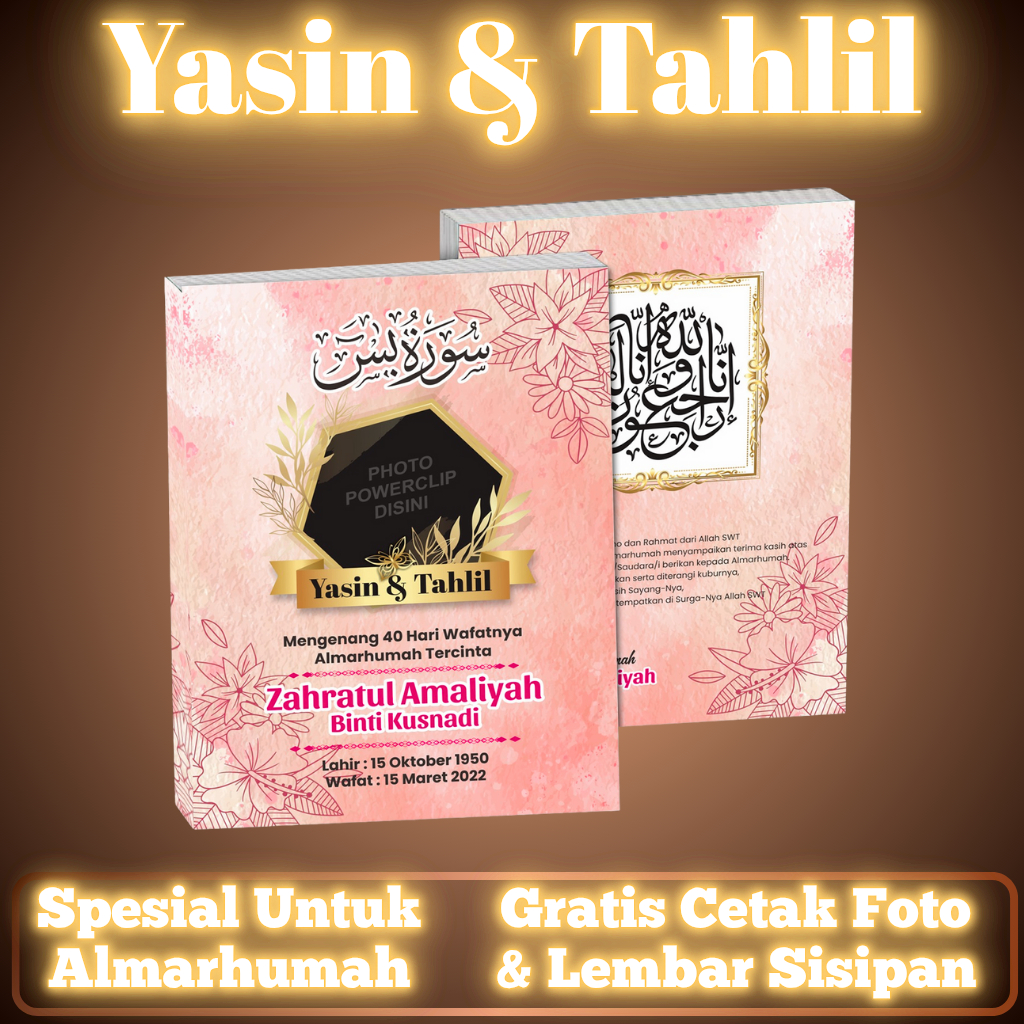 Buku Yasin dan Tahlil Custom Lengkap Cetak Foto 40 Hari 100 1000 Hari Softcover Pink
