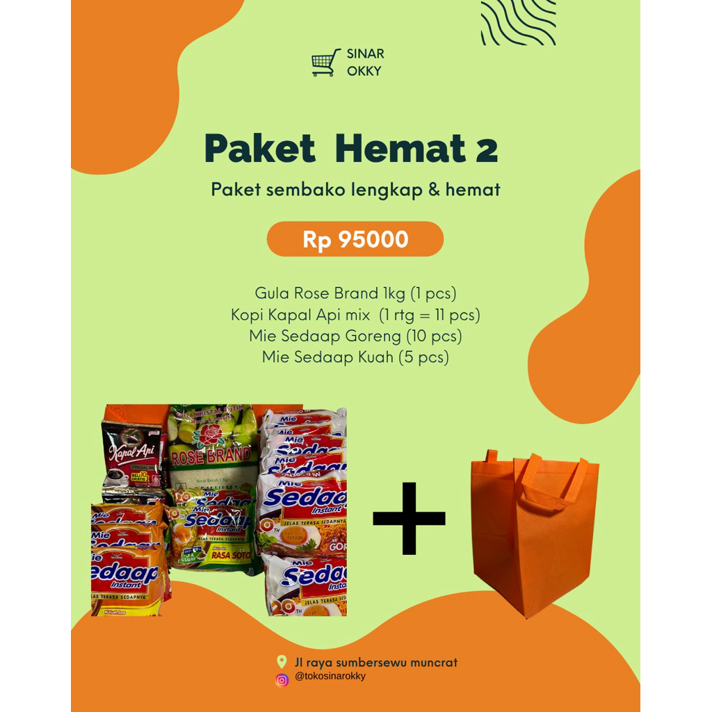 

Paket 2/sembako hemat /Gula Rose Brand/Mie Sedaap goreng/Mie Kuah/Kapal Api Mix