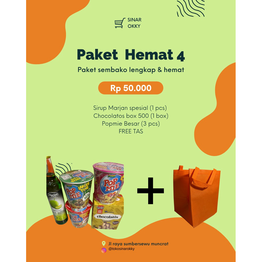 

PAKET 4/SEMBAKO HEMAT/SIRUP MARJAN/CHOCOLATOS BOX/POP MIE BESAR