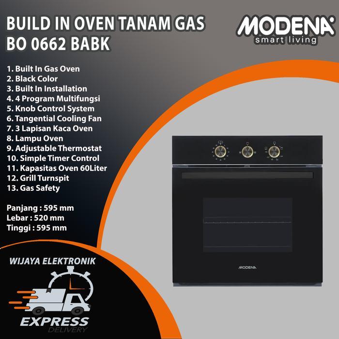 Modena BO 0662 BABK - Build in Oven tanam gas Kapasitas 60 liter Garansi Resmi / Oven tanam BO0662BA