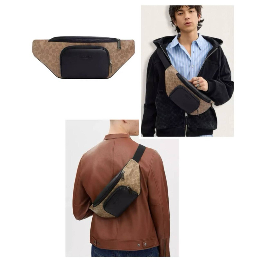 Tas Pinggang Pria Coach Racer Belt Bag Signature Tan Black AUTHENTIC