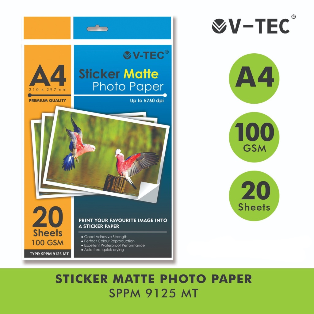 

Sticker Matte V-TEC A4 100g 20's SPPM-9125MT ( Stiker Matte Photo Paper 100 gsm )