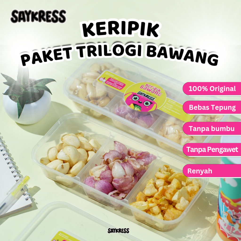 

Saykress Paket Keripik Trilogi Bawang Putih, Bawang Merah, Bombay | Snack Renyah Pedas Tanpa Tepung
