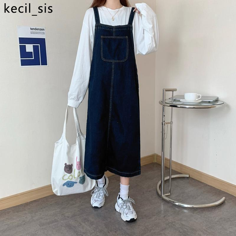 overall jeans panjang wanita rok jeans panjang jumpsuit midi skirt rok Korean style biru tua