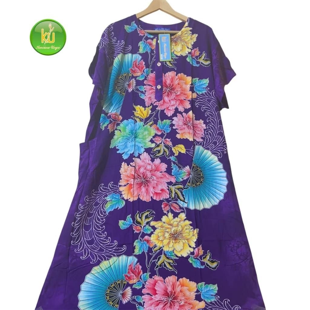 DASTER JUMBO HARIAN ASLI BATIK KENCANA UNGU LABEL BIRU LD 130 CM MODEL 3 KANCING DEPAN