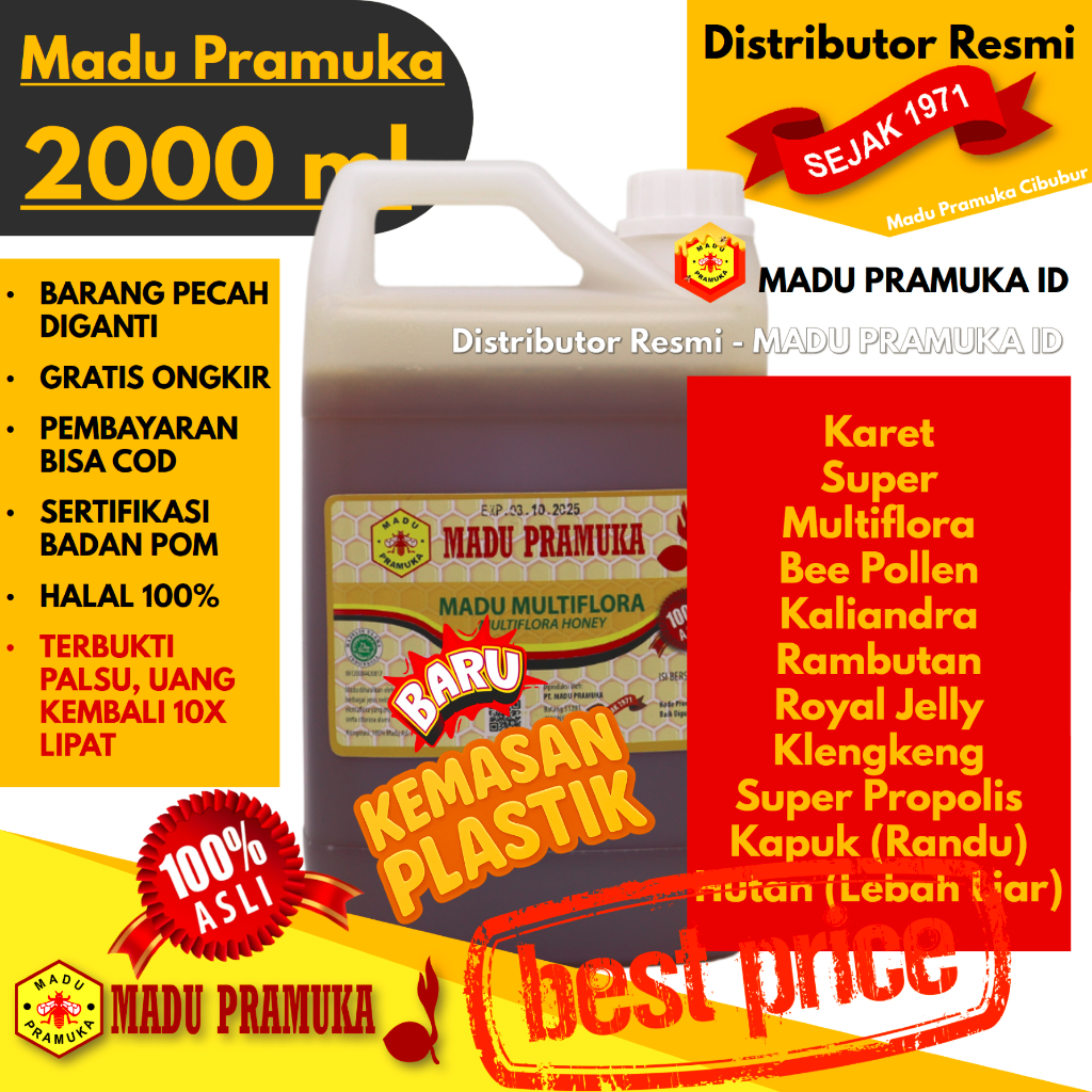 

MADU PRAMUKA 2000 ML 2 L Liter - Multiflora, Royal Jelly, Super, Kapuk (Randu), Hutan (Lebah Liar), Bee Pollen, Kaliandra, Karet, Klengkeng, Super Propolis, Rambutan - Kemasan Plastik - Asli Original Alami Murni Murah - Resmi Official Store Star Seller