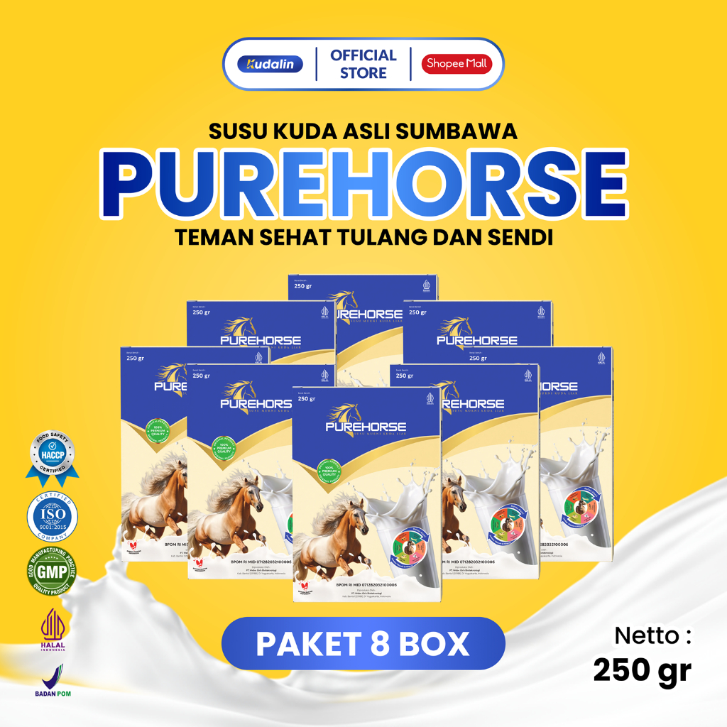 

Purehorse Susu Kuda Liar Sumbawa Asli 100% Untuk Nyeri Sendi Paket 8 Box Kemasan 250gr/Box