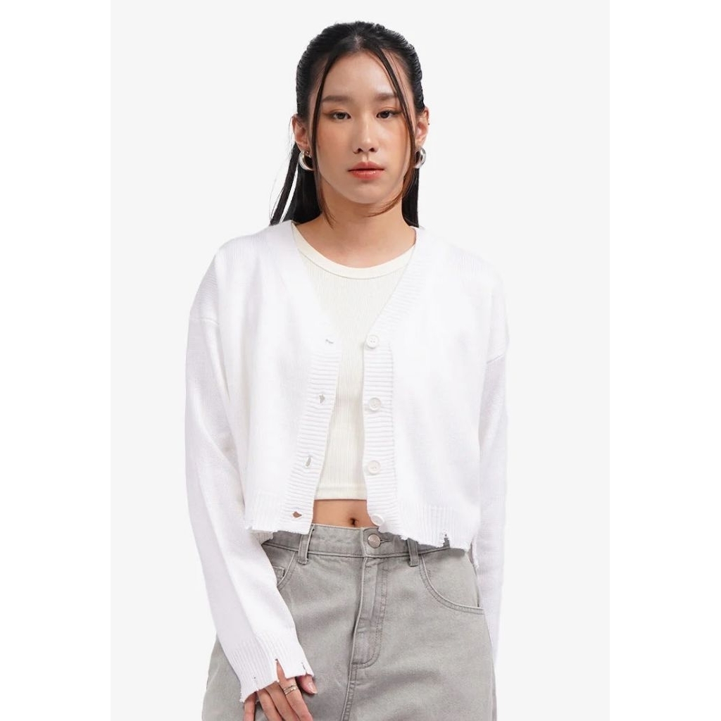 colorbox distressed Long Sleeve Knit Cardigan off white