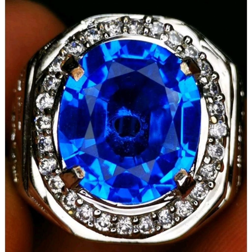 Cincin Permata Pria Blue Kasmire Ring Alpaka Super Mewah Bertabur Zircon