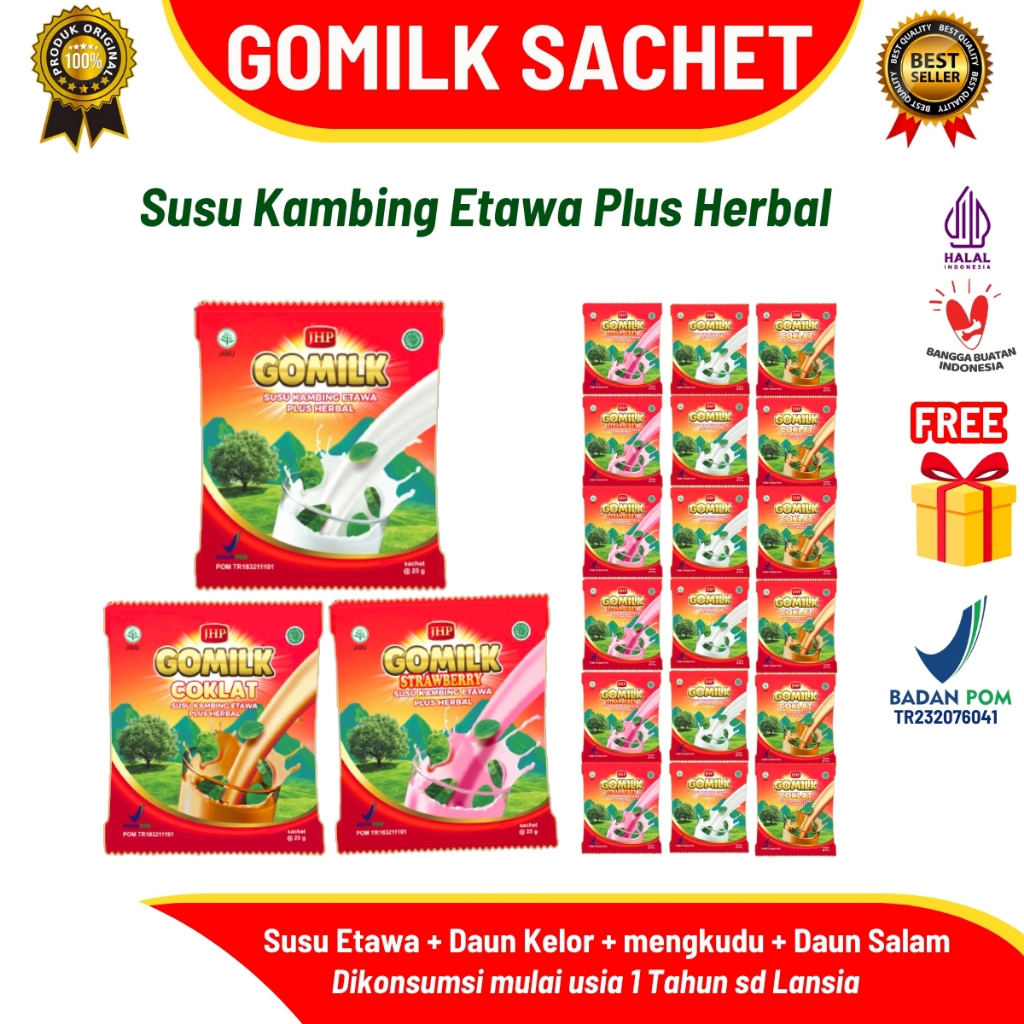 

Susu Kambing Etawa GOMILK Sachet – Herbal Nafsu Makan, Maag, Asam Urat, Tulang Kuat