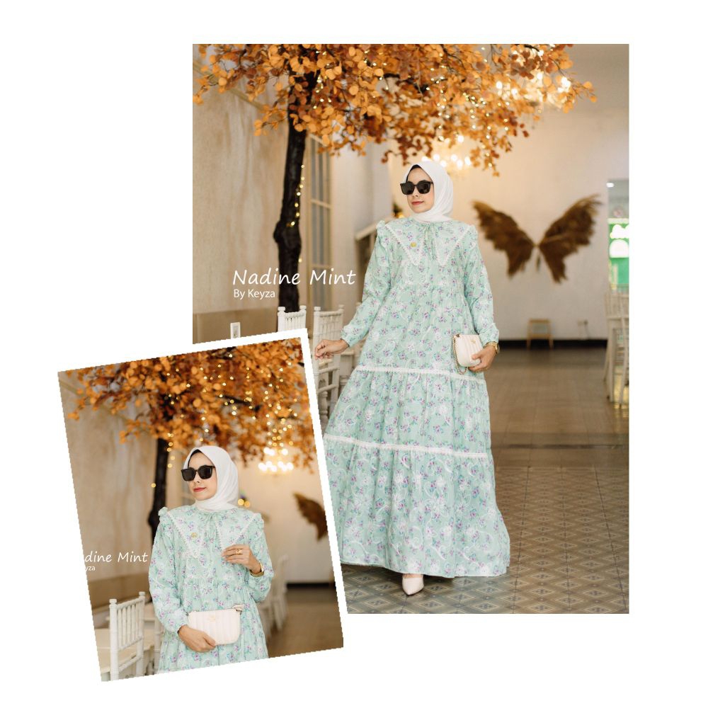 Nadine by Keyzaa , gamis bordir + puring wanita , gamis muslim lengan panjang