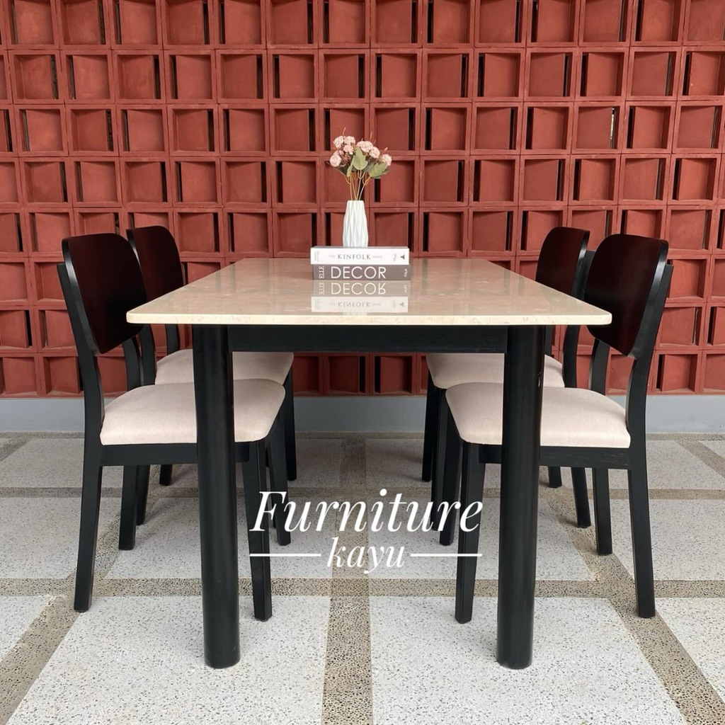 Set meja makan marmer, meja makan murah kayu jati, meja makan minimalis kayu jati kombinasi marmer,m