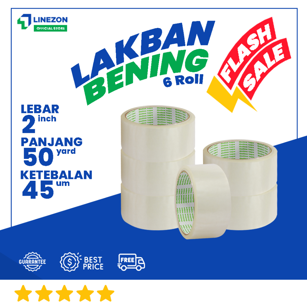

6 Pcs Lakban Bening FLASH SALE 50 Yard 2 Inch / Lakban isolasi Merk Online Tape Termurah