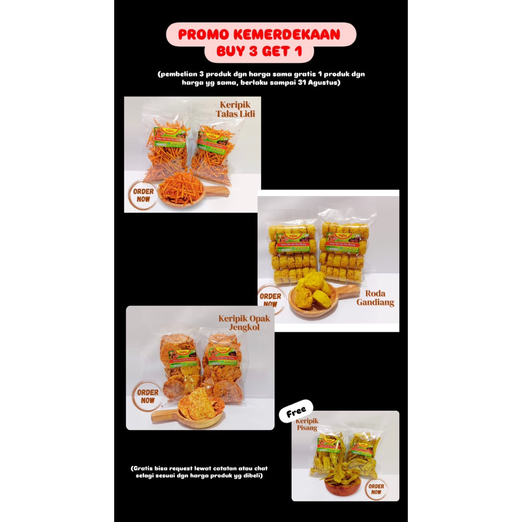

(PROMO PAKET KEMERDEKAAN PRODUK Harga 12.000) Talas lidi, Roda gandiang, Keripik opak jengkol, Keripik Usaha Inyak