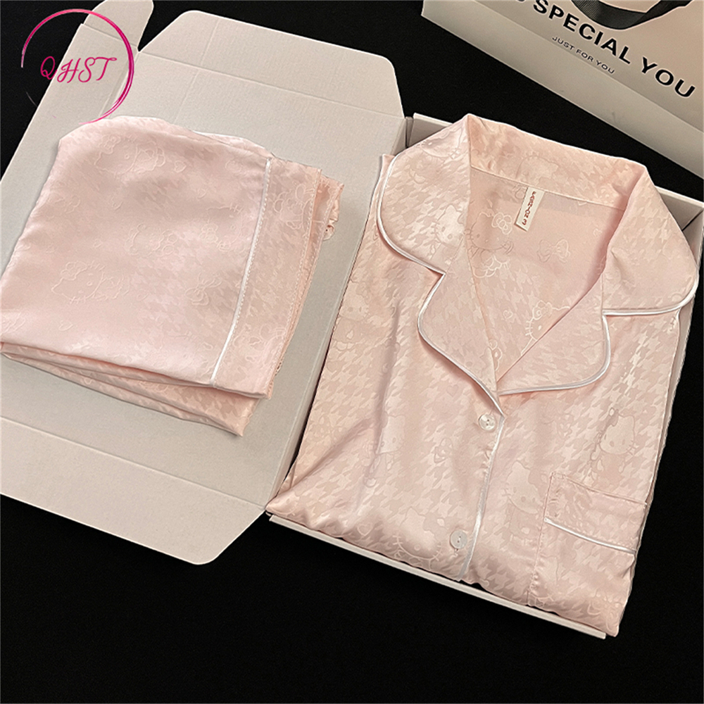 QHST Piyama Set Wanita Satin Pink Houndstooth KT Lengan Panjang Celana Panjang Baju Tidur Import