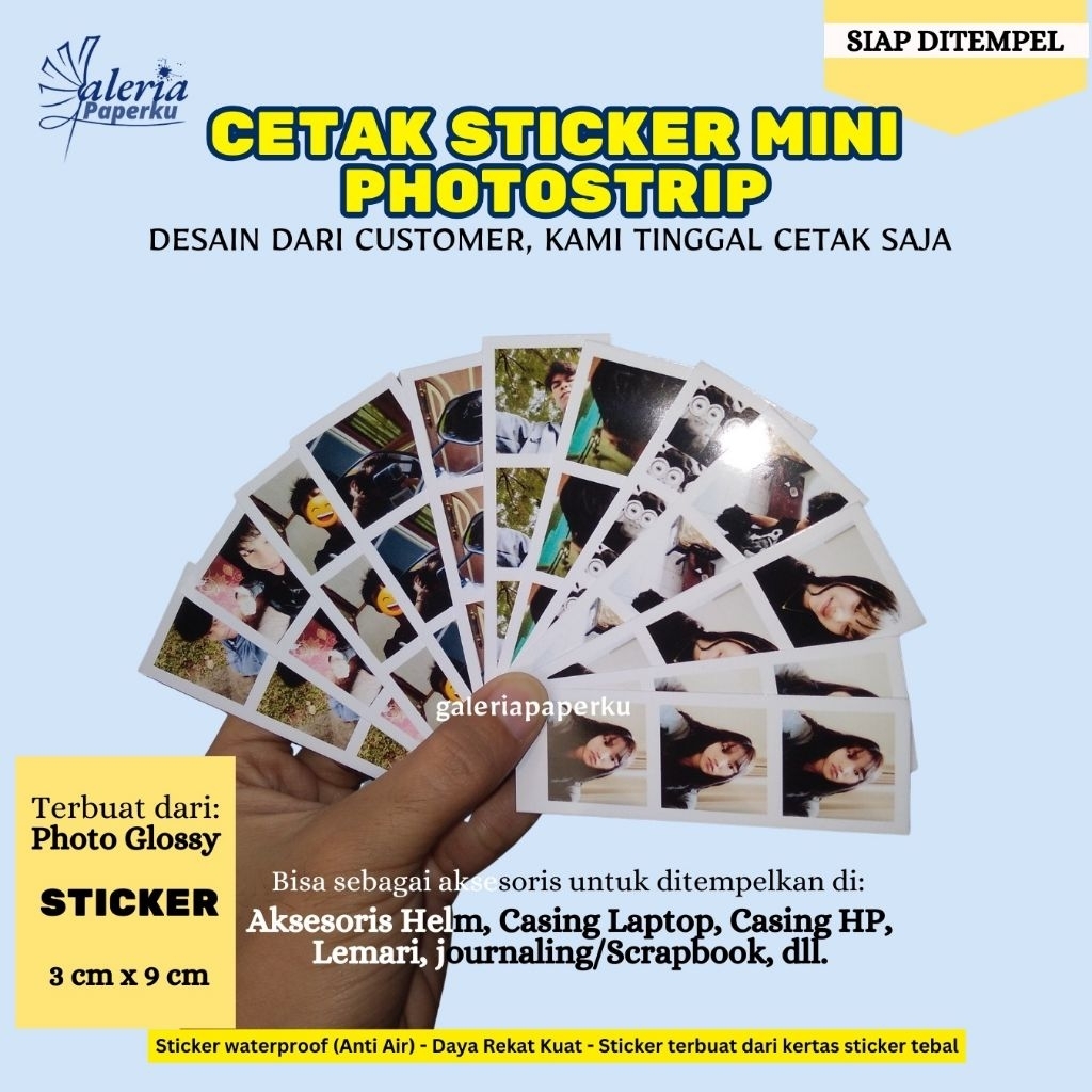 

Cetak Sticker Mini Photostrip Custom Desain Sendiri Ukuran 3x9cm Bahan Photo Glossy 145gsm