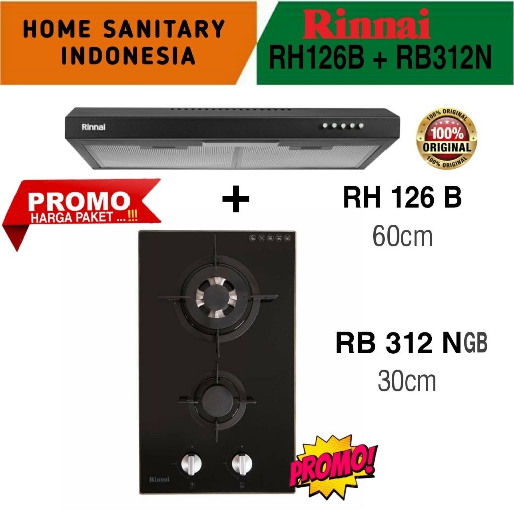 HSI | Paket RINNAI Rb 312 + cooker Hood kompor gas Tanam 2 tungku