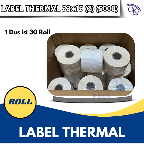 

LABEL STICKER THERMAL ROLL 2 LINE 33X15 5000PCS, (1 Dus 30 Roll ) LABEL STICKER, THERMAL STICKER