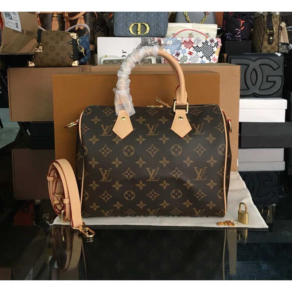 LV Speedy Bandouliere 25 M41113 with Magnet Box (Double Box) + Twilly ~ Kulit Mateng (Serap Air)